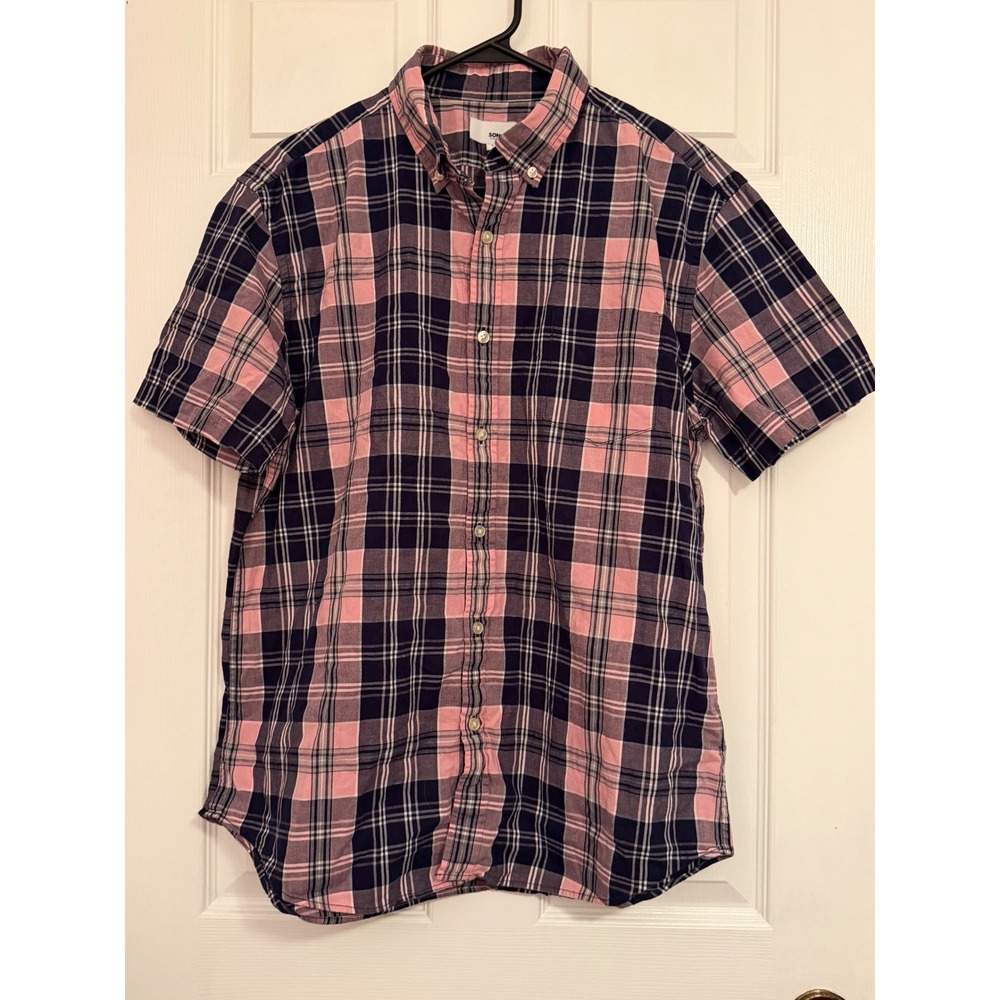 Sonoma Goods For Life Mens Large Pink Navy Blue Plaid Short Sleeve Button Down